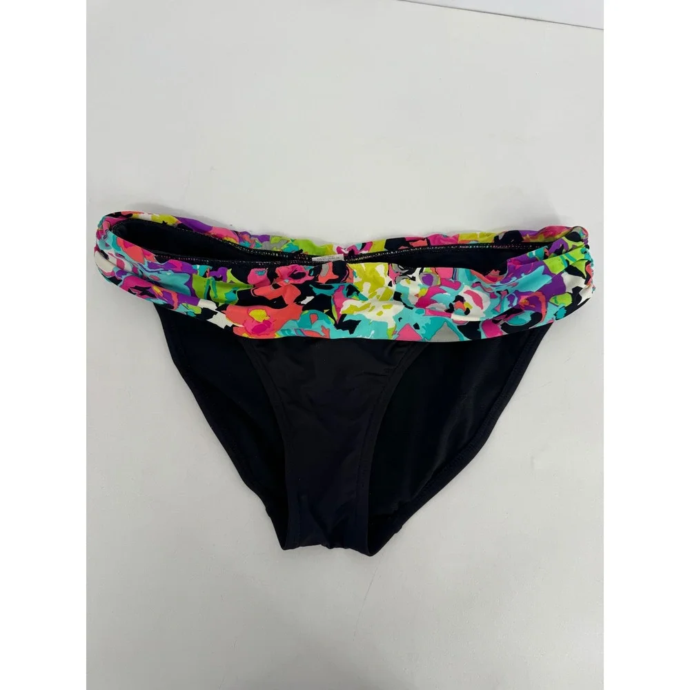 Kenneth Cole Reaction Women Black Multi Floral Neon Fold Over Bikini Bottom Sz S